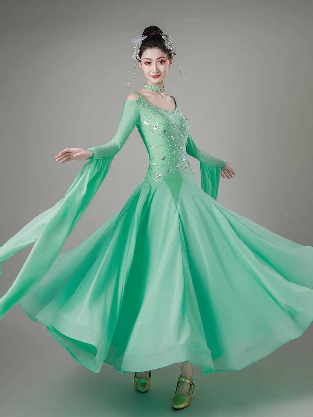 New 2026 Waltz Ballroom Competition Dance Dress Competition Professional Performance Costumes Green Blue Clothes Women's Dresses