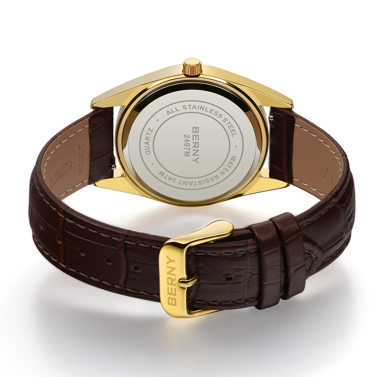 BERNY Gold Watches for Men Classic Date Week Luminous Luxury Golden Men\'s Dress Quartz Watch Elegant Lightweight Wristwatch