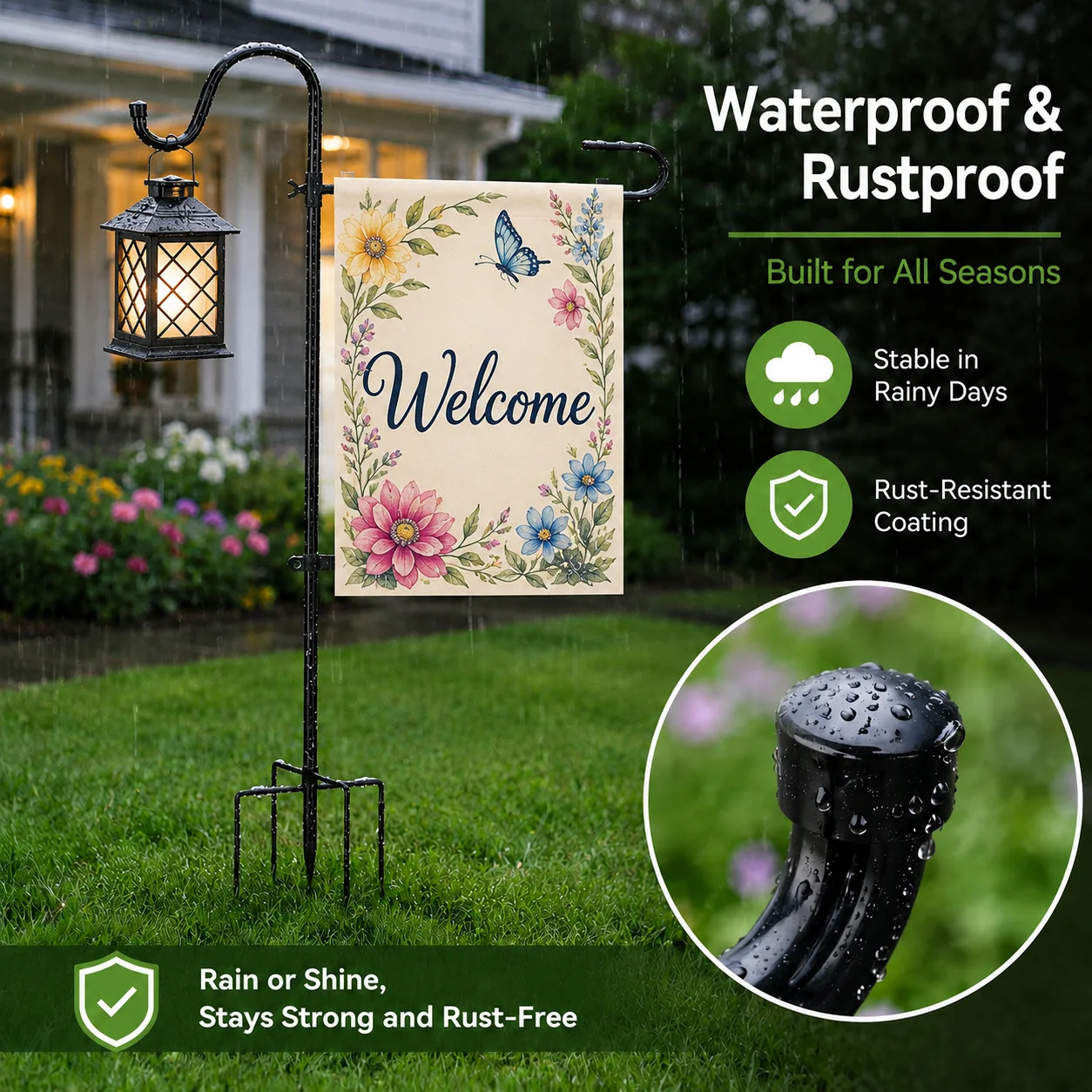 Black Rust-Resistant Garden Flag Stand | Ground-Mounted Wrought Iron Flagpole | Solid Base for Instant Stability | Two-in-One Design: Hang Garden Flags and Hanging Baskets | No Drilling Required | Sturdy and Wind-Resistant | Outdoor Decorative Stand for Y