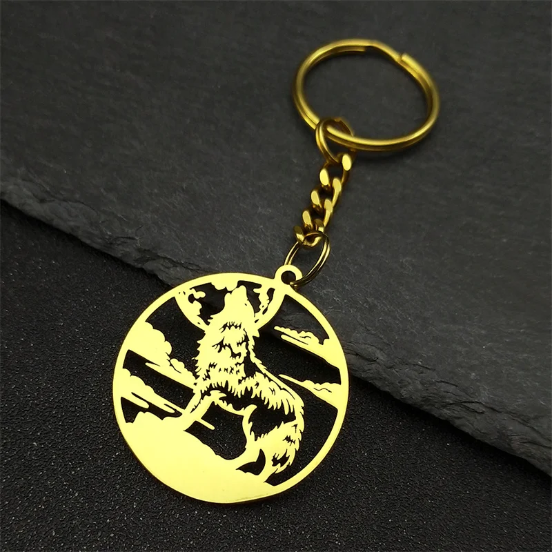 Wolf Moon Mountain Pendant Key Chains for Women Men Stainless Steel Gold Silver Color Hollow Cloud Key Ring Animal Jewelry