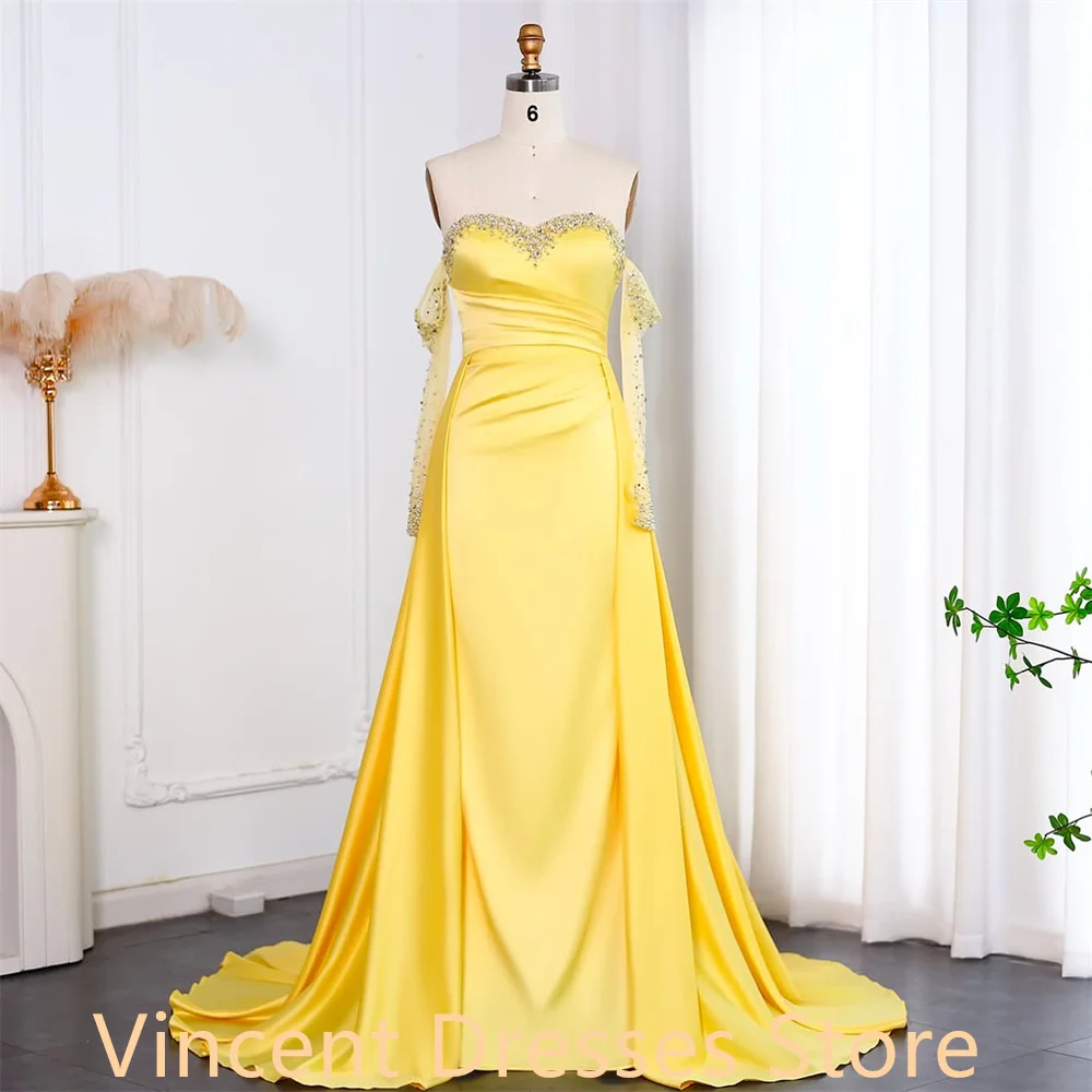Customized Formal yellow Satin Homecoming Dress Classic Sweetheart Crystal Panel Train Ruched Mermaid Zipper Back Robe de soirée