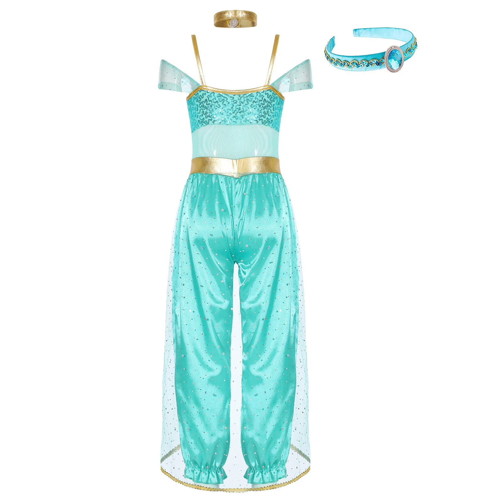 Teen Girls Halloween Fairy Tales Arabian Princess Performance Cosplay Costume Sleeveless Shiny Jumpsuit with Choker Hair Hoop