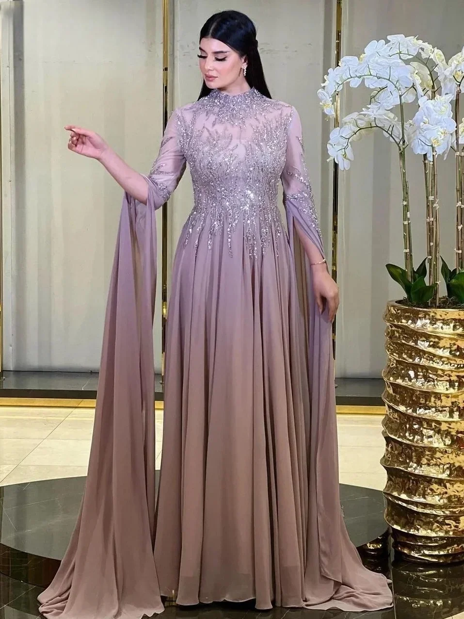 

Chiffon Beaded Long Sleeves Bespoke Occasion Gown Evening Dresses Prom Pastrol Unisex Jersey Retro Dubai Saudi Arabic Customized