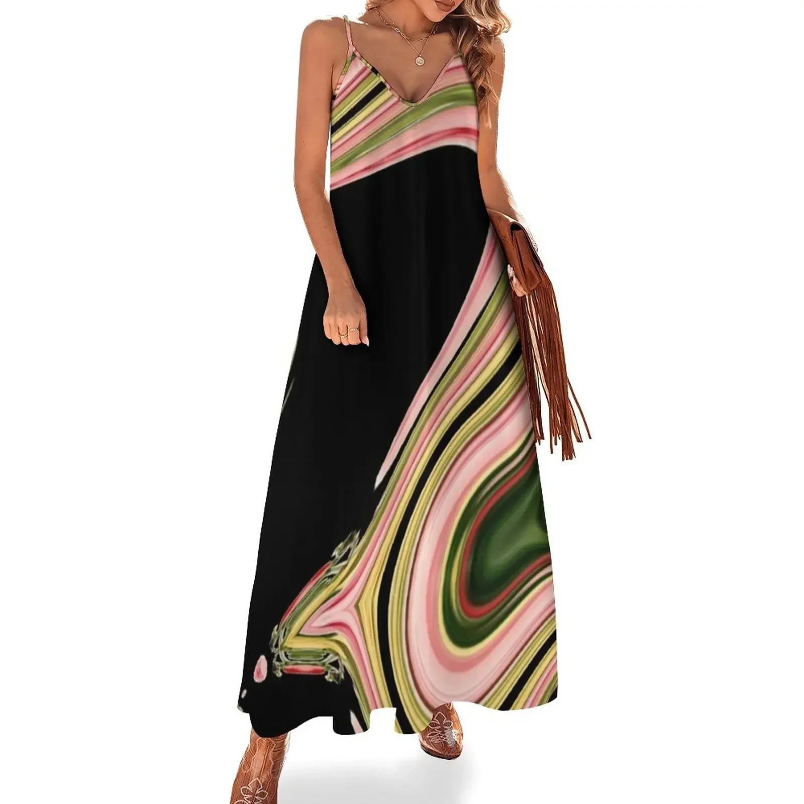 

modern abstract black green neon pink swirls Sleeveless Dress clothes for women ladies dresses for women 2024 Dress