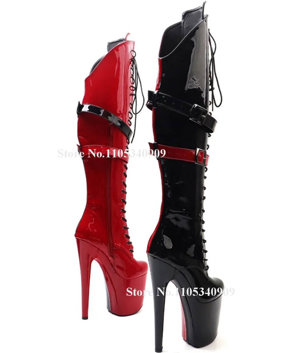 Bondarenko Sexy Red-black Mixed-colors Stiletto Heel Over Knee Round Toe Lace-up Straps Buckles High Platform 20cm Dance Shoes