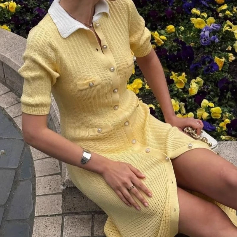 

French style single breasted long V-neck lapel high waisted yellow knitted slit dress, contrasting color doll neck dress