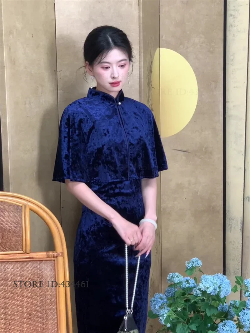 فستان صيني تقليدي أنيق مزاجه مخملي طويل شيونغسام مع شال الخريف الشتاء القطيفة أنثى تشيباو مثير فيستدوس