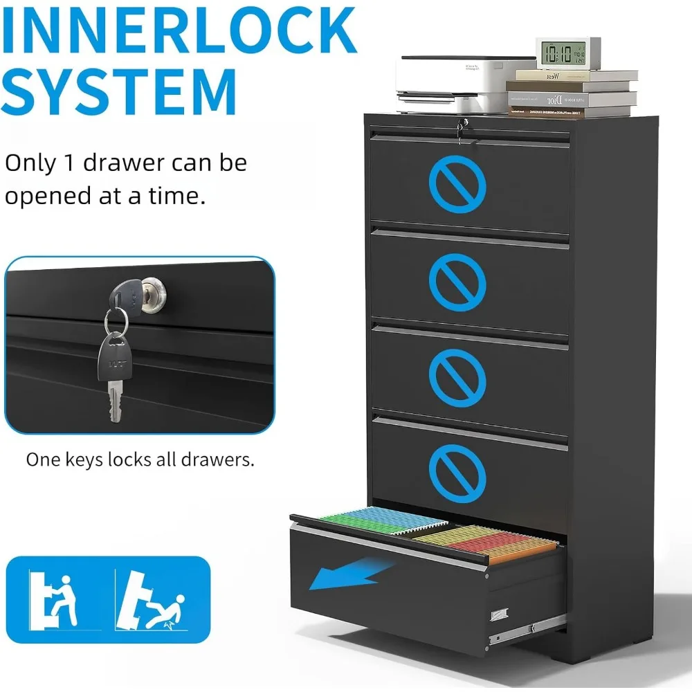 Black Metal 5-Drawer Wide Lateral File Cabinet with Lock for Home Office, Secure Steel Filing Cabinet for Letters and Documents