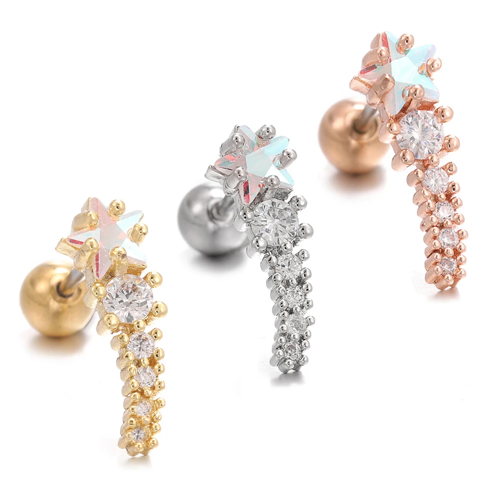 Stainless Steel Piercing Earrings 1PC Star CZ Ear Stud Piercing Earrings for Women Helix Cartilage Conch Rook Tragus Jewelry