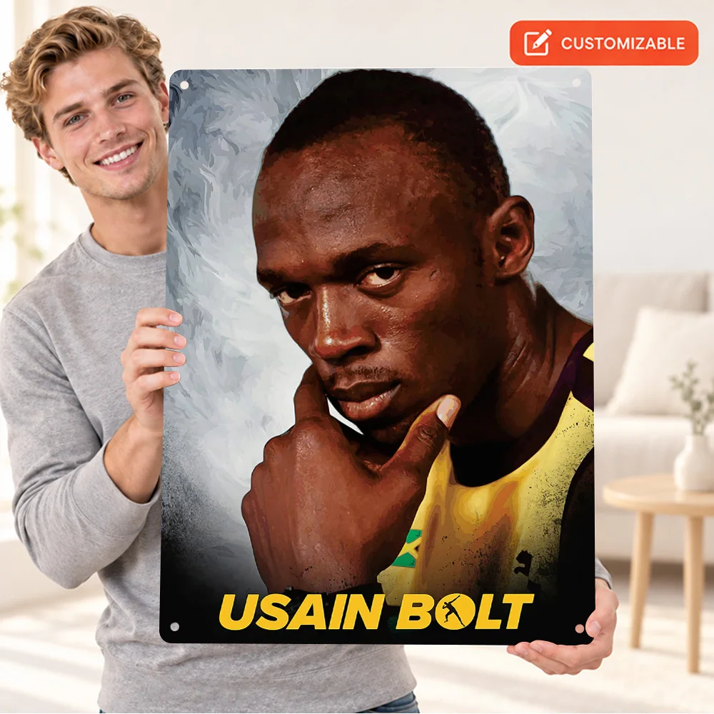 Usain Bolt Sprinter Printed Poster Personalized Aluminum Metal Sign Thoughtful Yellow Figure Graphic Wall Art For Sports Lounge