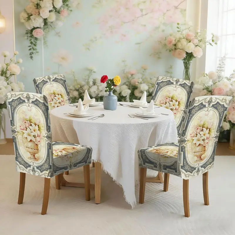 

Набор обеденных стульев с плоским принтом и ретро-дизайном, классический узор с белыми лилиями, розами и тюльпанами.