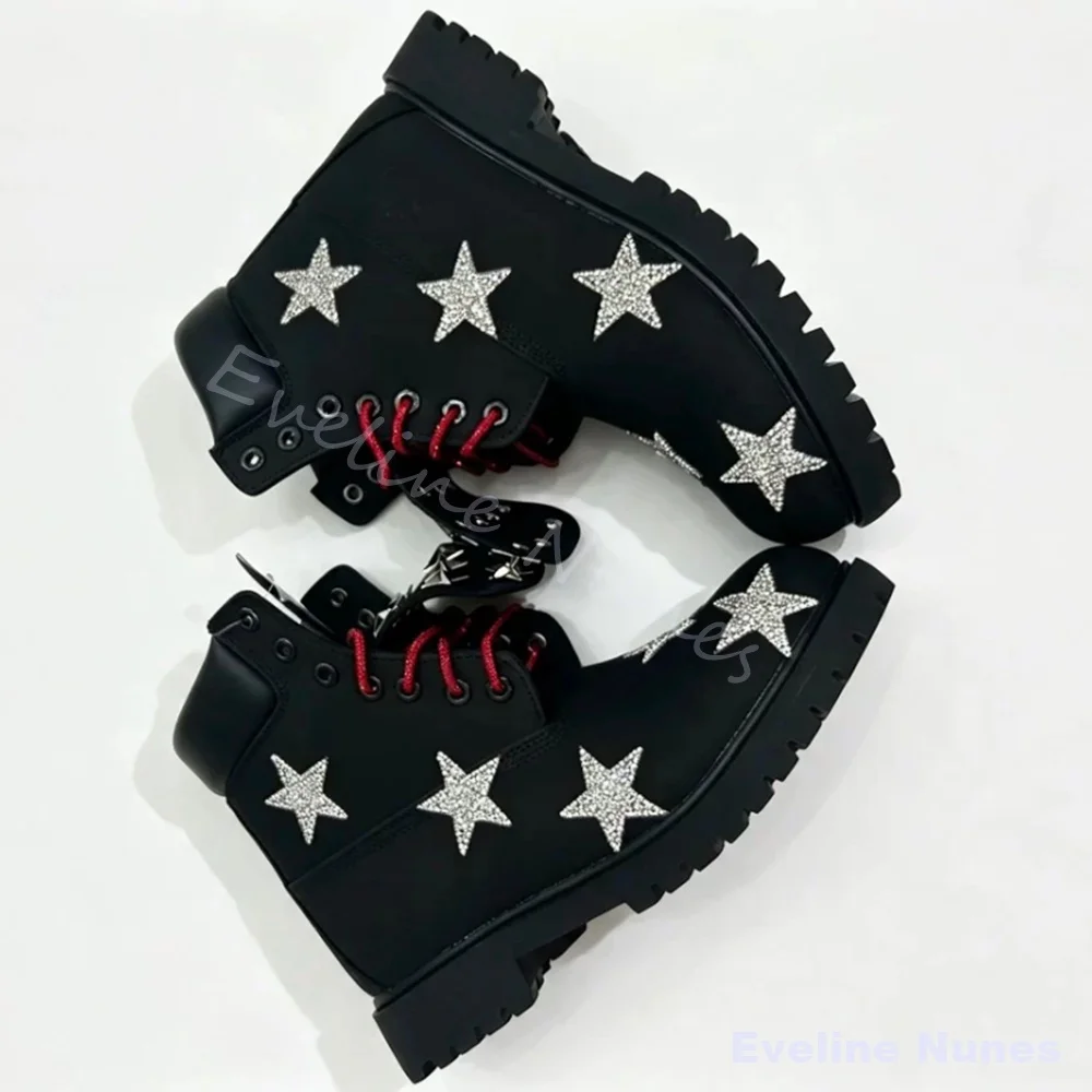 Star Rhinestone Rivet Combat Boots Men Punk Gothic Platform Lace Up Combat Boots Streetwear Daily Party Concert Hiking Boots
