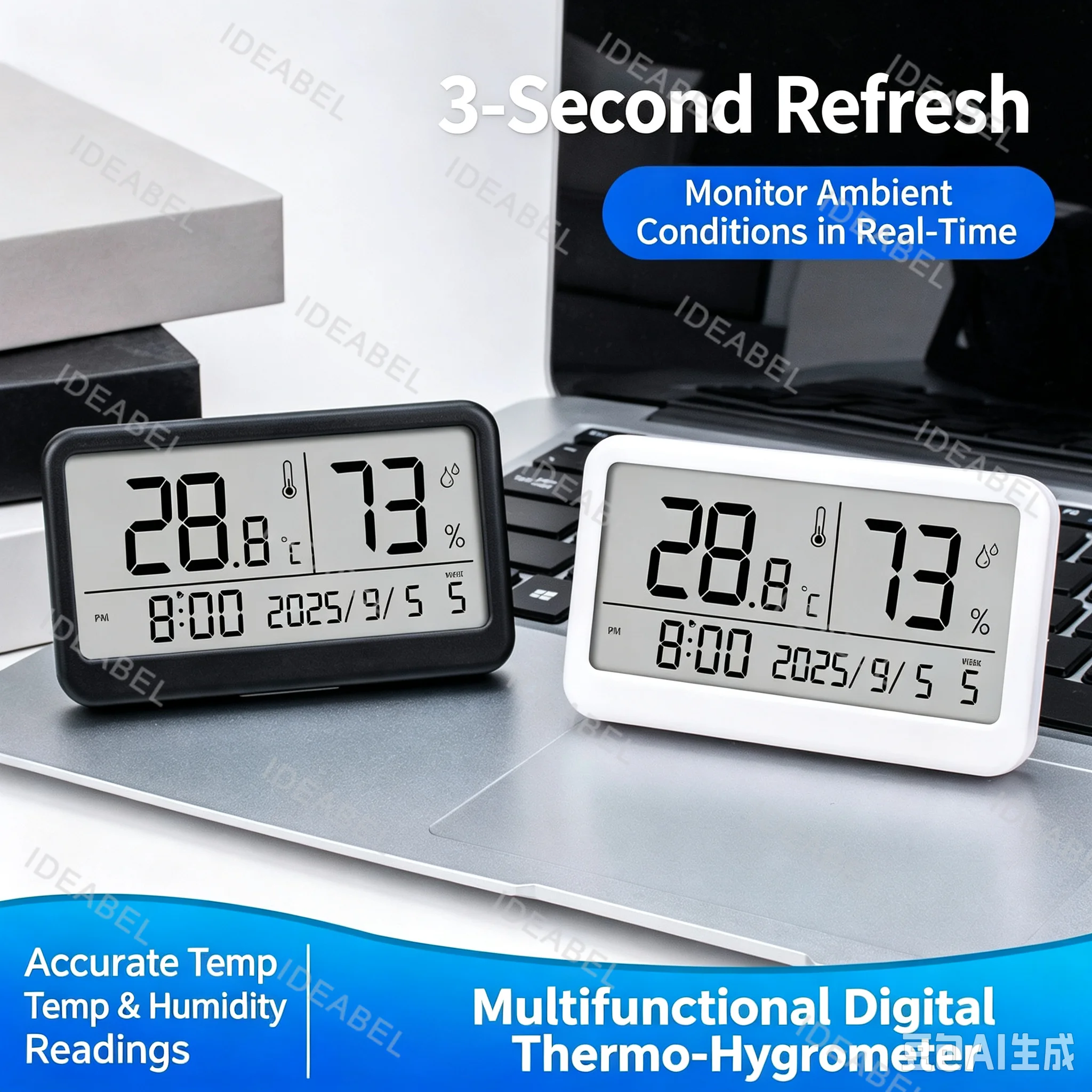 Digital Clock Temperature Humidity Meter Battery Powered Desktop Wall Mount for Kitchen Bathroom Office Living Room Bedroom