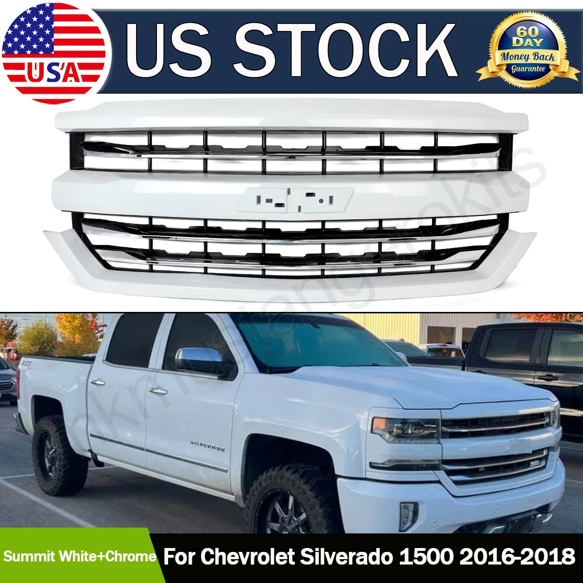 

For 2016-2018 Chevrolet Silverado 1500 Z71 Look Front Grille Silver Ice Metallic with Chrome Insert Trim Auto Modified Body Kit