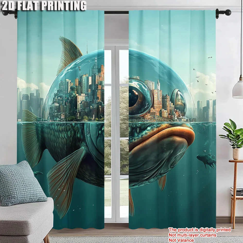 

2pc, Party Window Curtains Giant fish and urban landscapes Polyester,Without Electricity Family Party Decoration Applies to