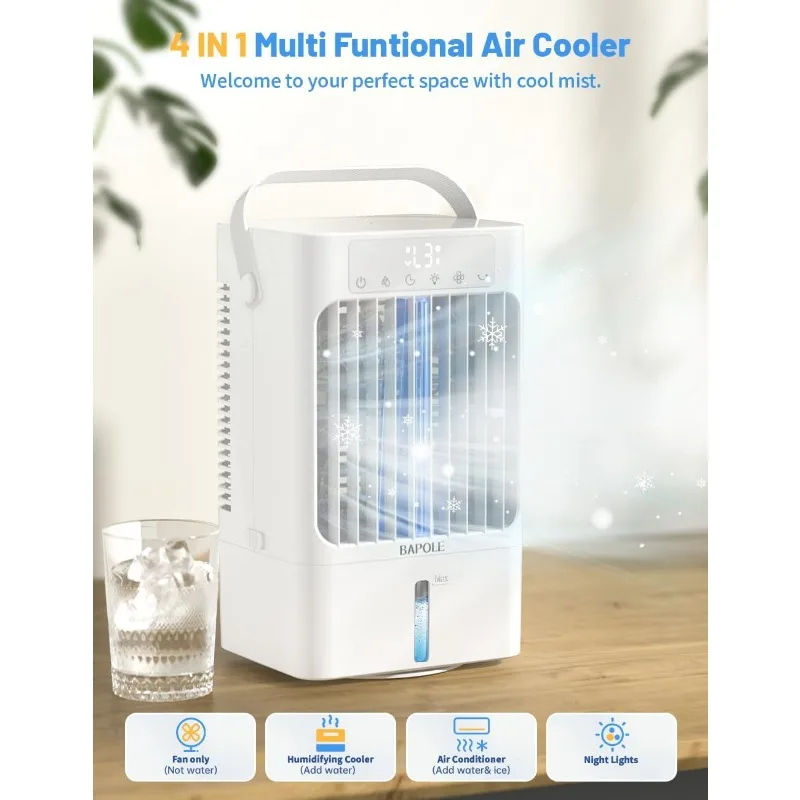 Portable Air Conditioners, 4-IN-1 Portablel Air Cooler, 3 Wind Speed Portable AC Cooling Fan with 7 Colors Light, 2 Cool Mist &