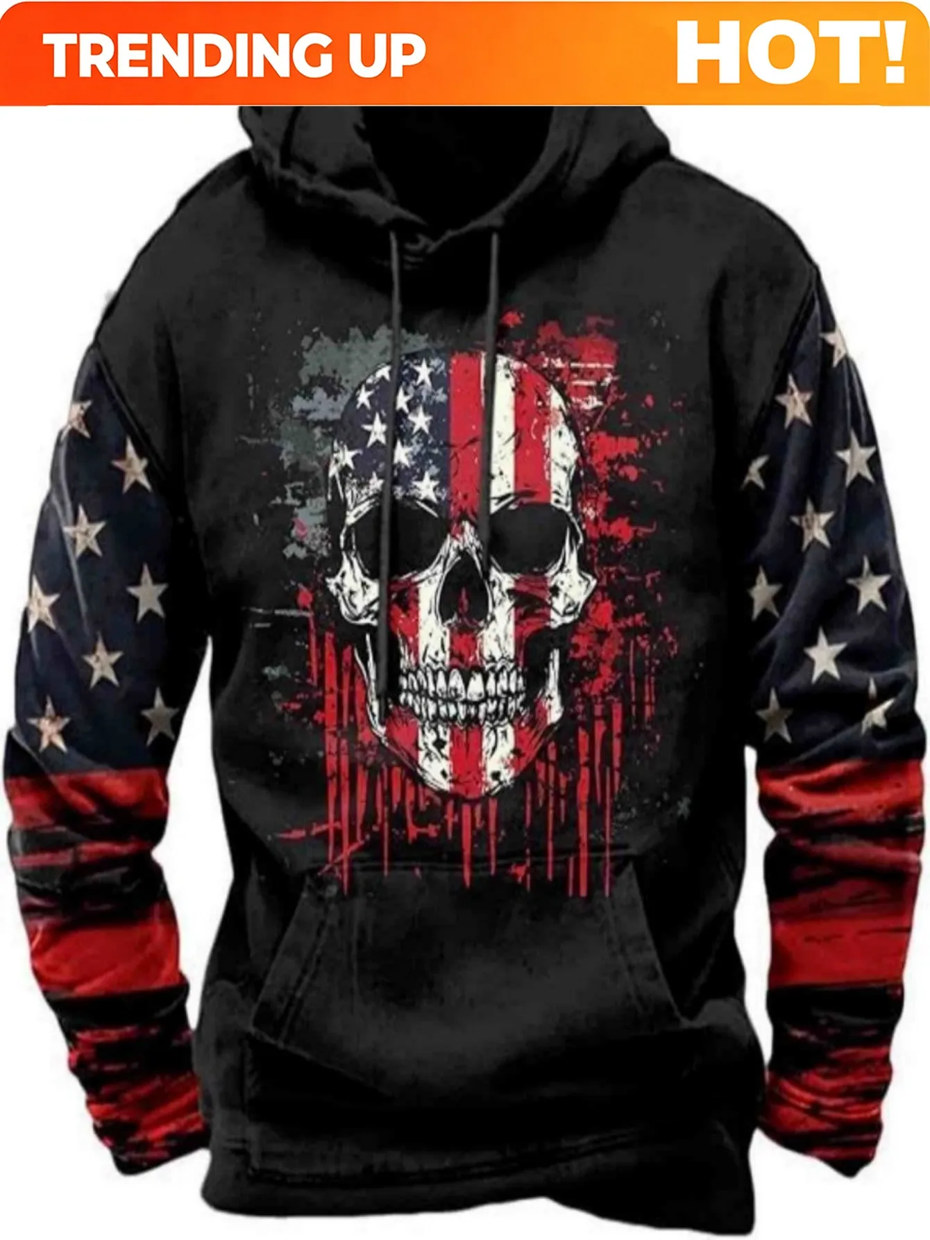 Customization Men'S Hooded Sweatshirt Featuring A Skull Design With The American Flag, Perfect For Halloween Costumes Or As A Ch