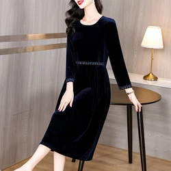 AIMEILI Autumn Runway Vintage Navy Velvet Dress Women's O- Collar Luxury Gold Line Embroidery Elegant Party Dress