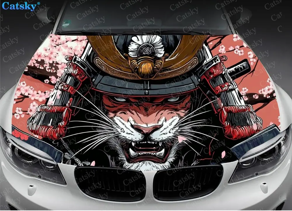 Samurai Tiger Face Print Car Hood Wrap Color Vinyl Sticker Truck Graphic Bonnet Custom Auto Accessories Decoration Decal Gift