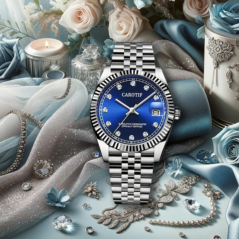 ساعة ميكانيكية نسائية من الفولاذ المقاوم للصدأ بتقويم أزرق فضي وأنيق وبسيط