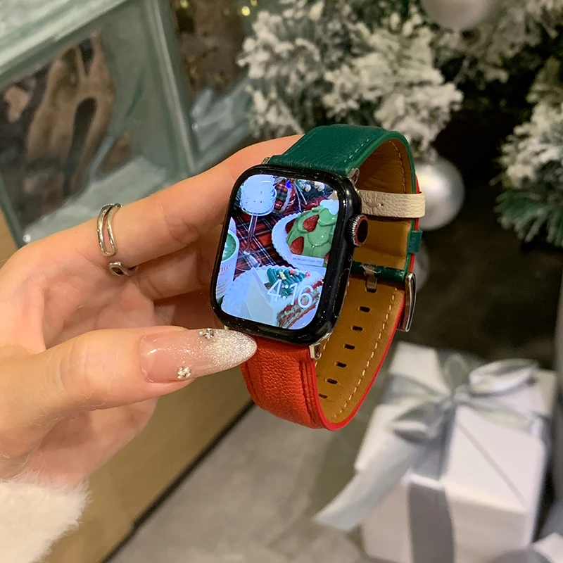 Contrast Leather Strap for Apple Watch Serie 7 Correa 45mm 49mm 38 42 Women Slim Bracelet for IWatch Band 9 8 SE 6 5 4 40mm 44mm