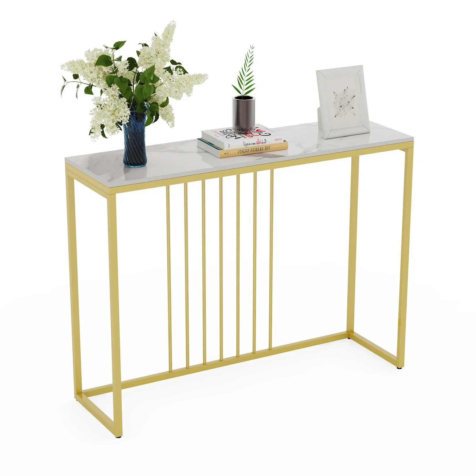 

Modern Accent Console Marble Table Gold Metal Frame Storage Display Shelf Narrow for Hallway Entryway Living Room Entrance