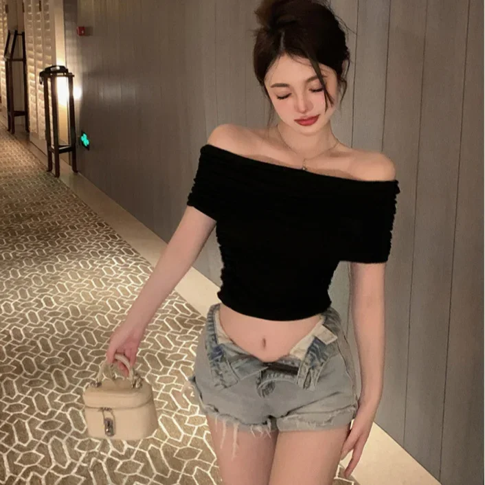 Sexy Slimming Off-Shoulder Tops Waist-Fitted Cropped Top Base Layer Clothing Wholesale From China Landing Page Sleeveless T-Shir