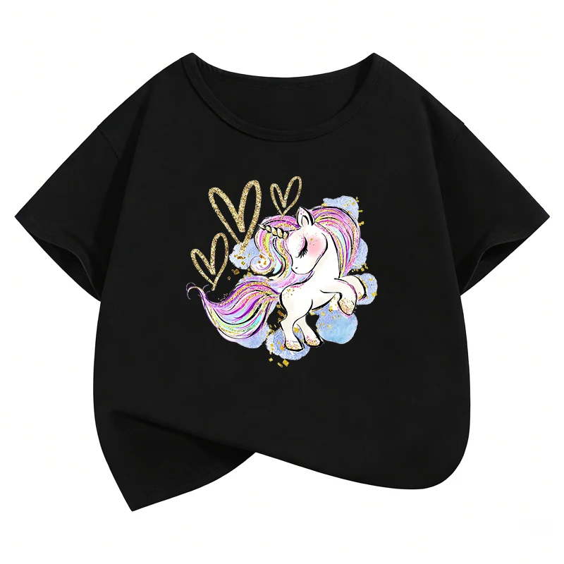 Modisches T-Shirt mit Pferdemotiv und Liebesherz-Design, bedrucktes T-Shirt für Mädchen, Sommerkleidung, kurzärmelige Oberteile, T-Shirts, süße Kleidung