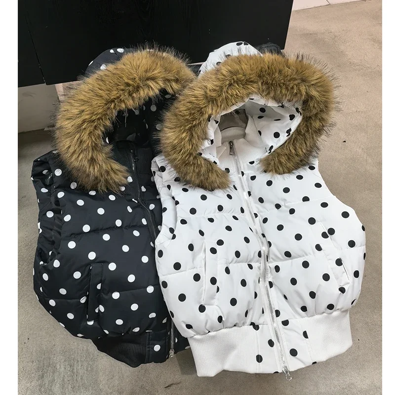Harajuku Gothic Polka Dot Vest Jacket Fur Collar Hooded Women Fall Winter Casual Sleeveless Y2K Cotton Padded Quilted Coat Жилет