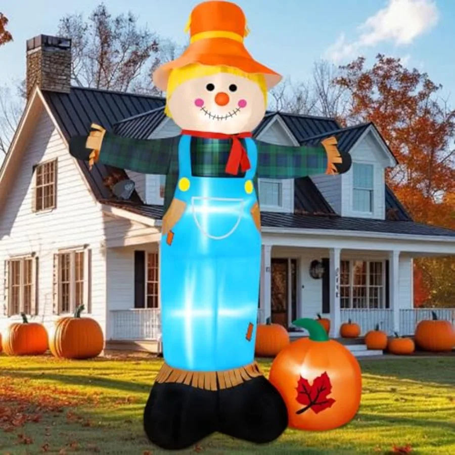 

Outdoor fall harvest scarecrow inflatable decoration, PVC material, orange and brown, 8FT tall with built-in LED lights for Hal