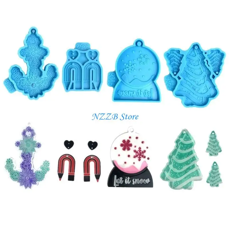 

T21F 4 Pcs Glossy Silicone Resin Molds Tree Pencil Keychain Mold DIY Pendant Ornaments Earrings Epoxy Resin Crafting Mold