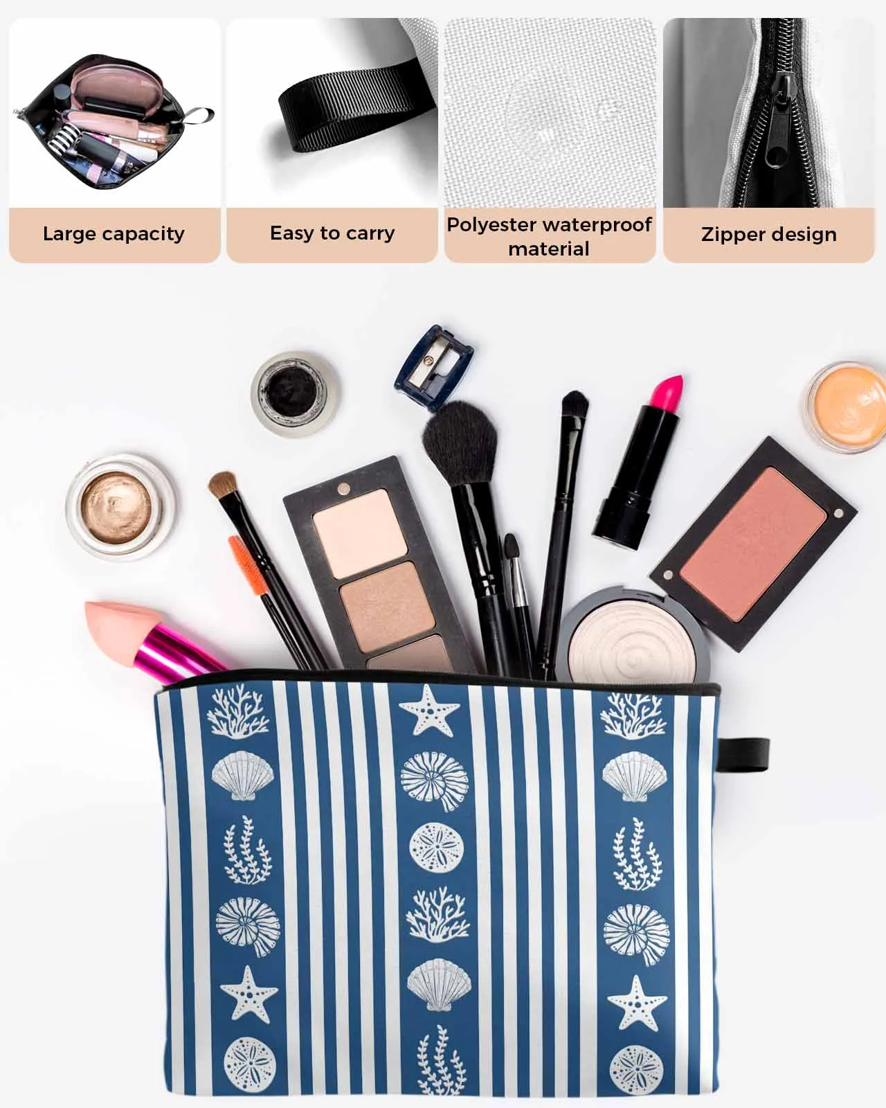 

Sea Star Shell Jellyfish Coral Deep Blue Women Portable Storage Bag Pouch Napkin Cosmetic Bags Organizer Ladies Makeup Bag