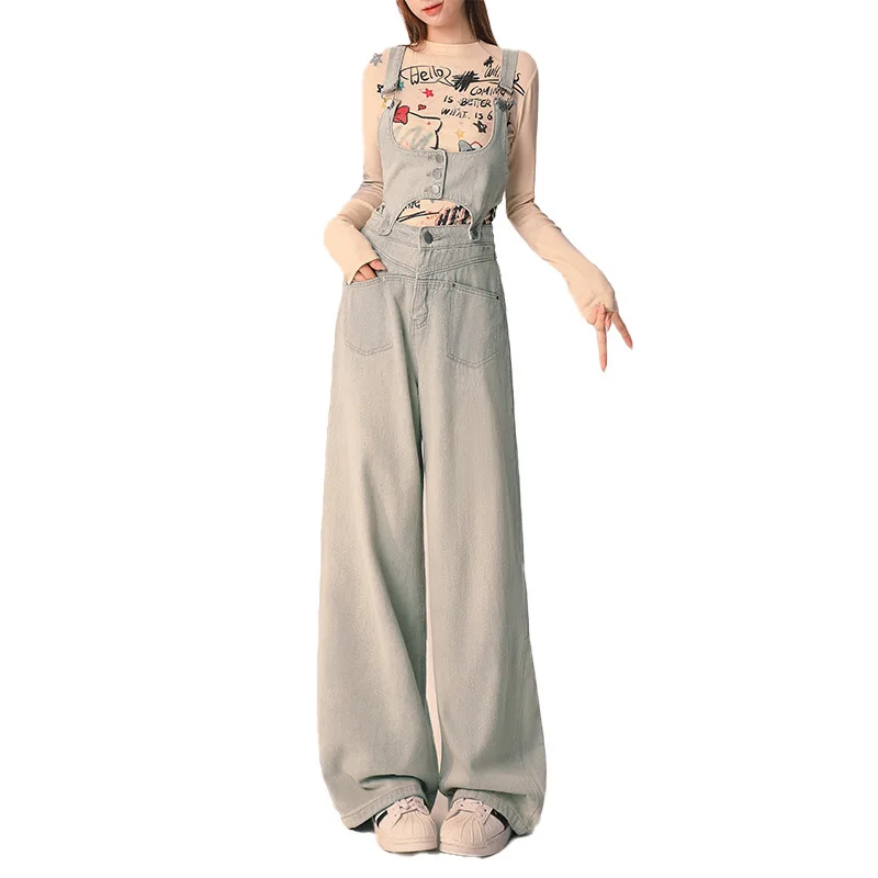 Detachable Light Colored Denim Overalls For Women's Spring And Autumn 2024 New Loose Wide Leg Long Pants