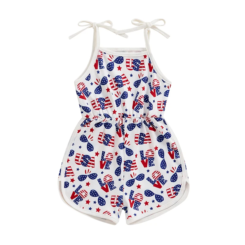 1-5T Kid Girls Jumpsuit Playsuit Tie-up Spaghetti Straps Stars Print Romper 4th of July Clothes