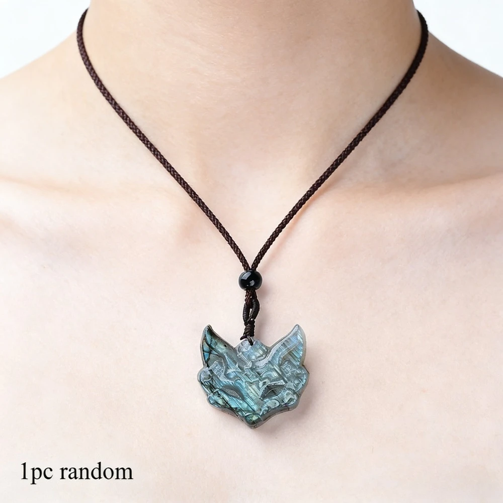 Natural Labradorite Fox Pendant Iridescent Chinese New Year Valentine Jewelry Unisex Necklace
