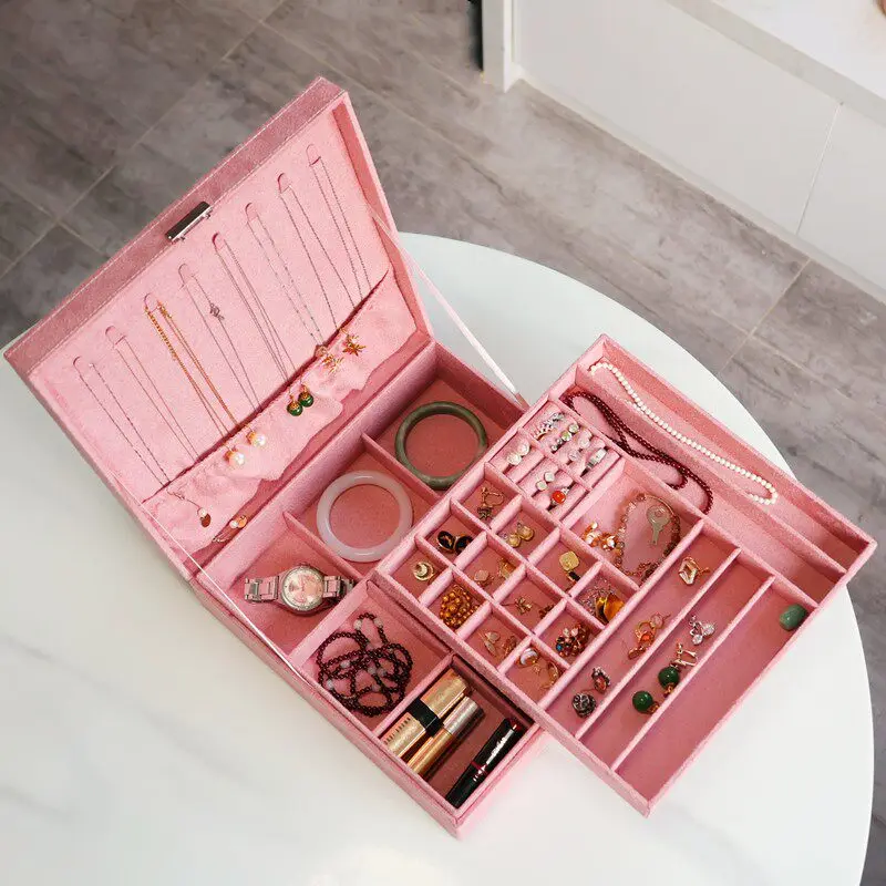 Flannel Jewelry Box Double Layer Minimalist Display Case Necklace Bracelet Ring Storage Boxes with Lock Organizers Jewellery Box