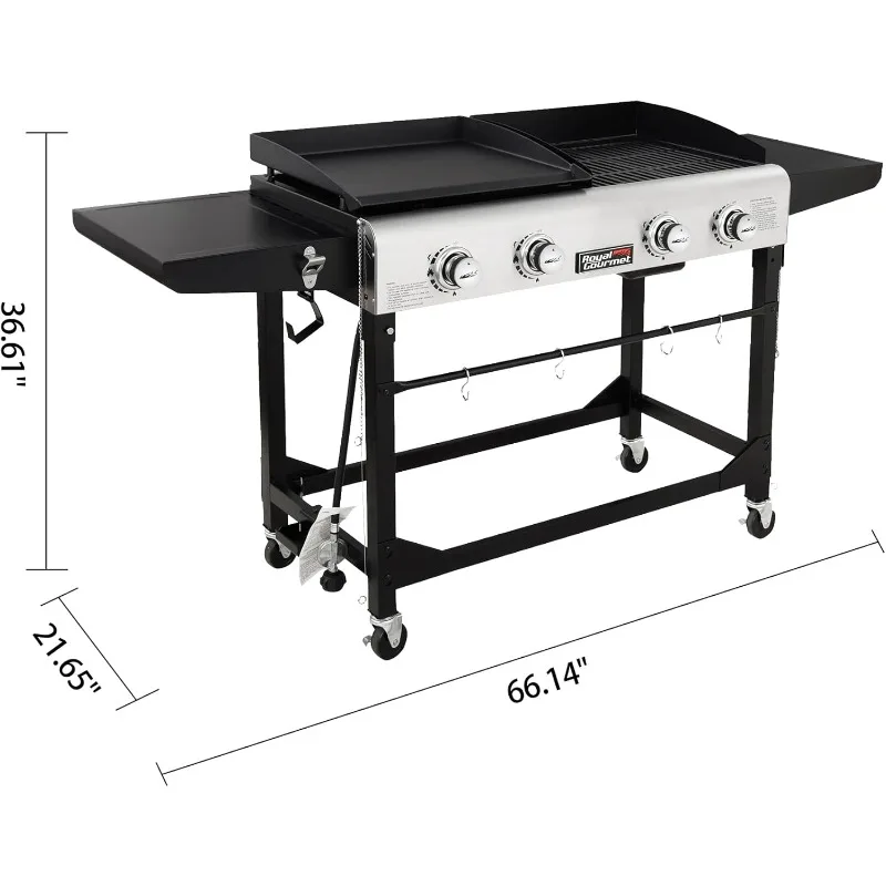 GD401C 4-Burner Propane Gas Grill and Griddle Combo with Cover, for Outdoor Cooking While Camping or Tailgating, Black & Silver