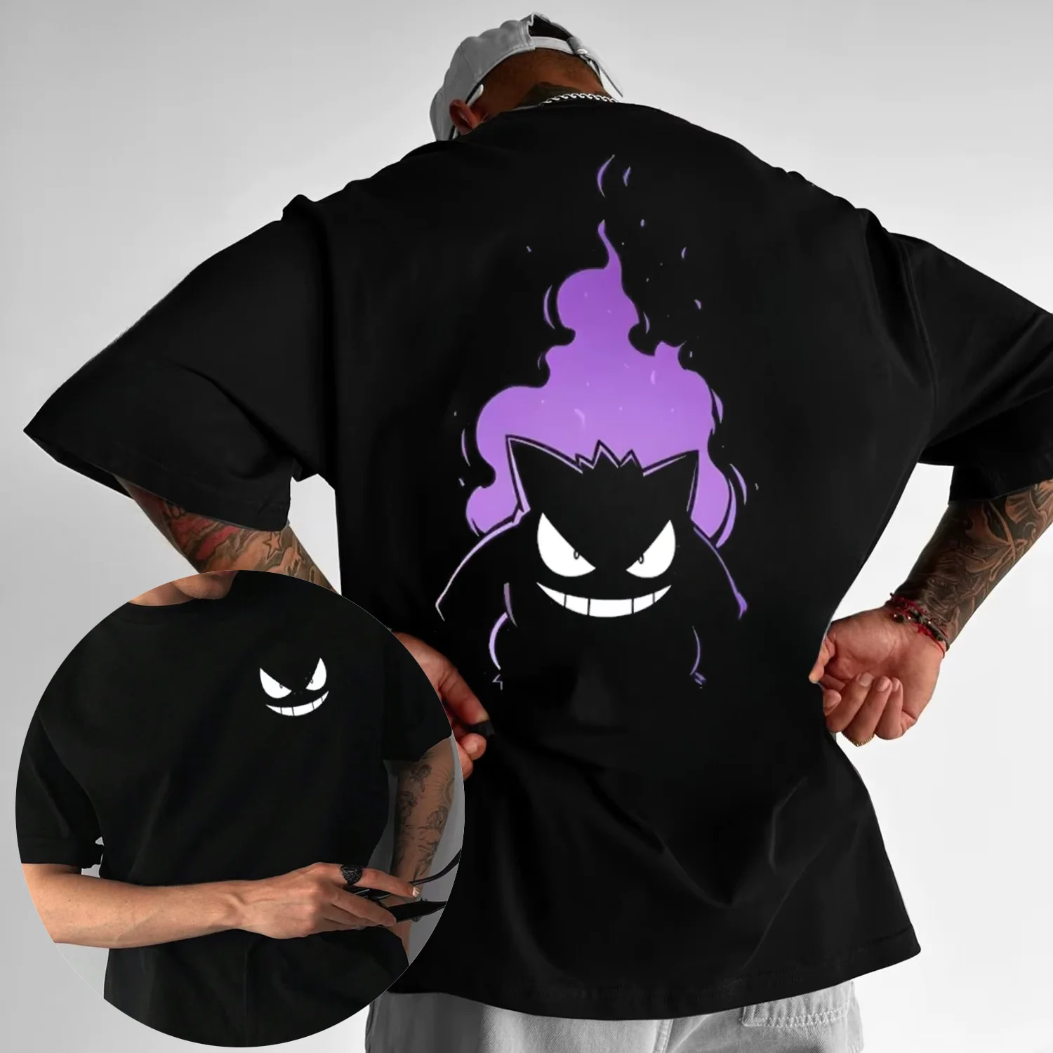 2025-verao-pokemon-anime-gengar-frente-e-traseira-100-algodao-puro-impresso-camiseta-masculina-solta-casual-versatil-topo-de-manga-curta
