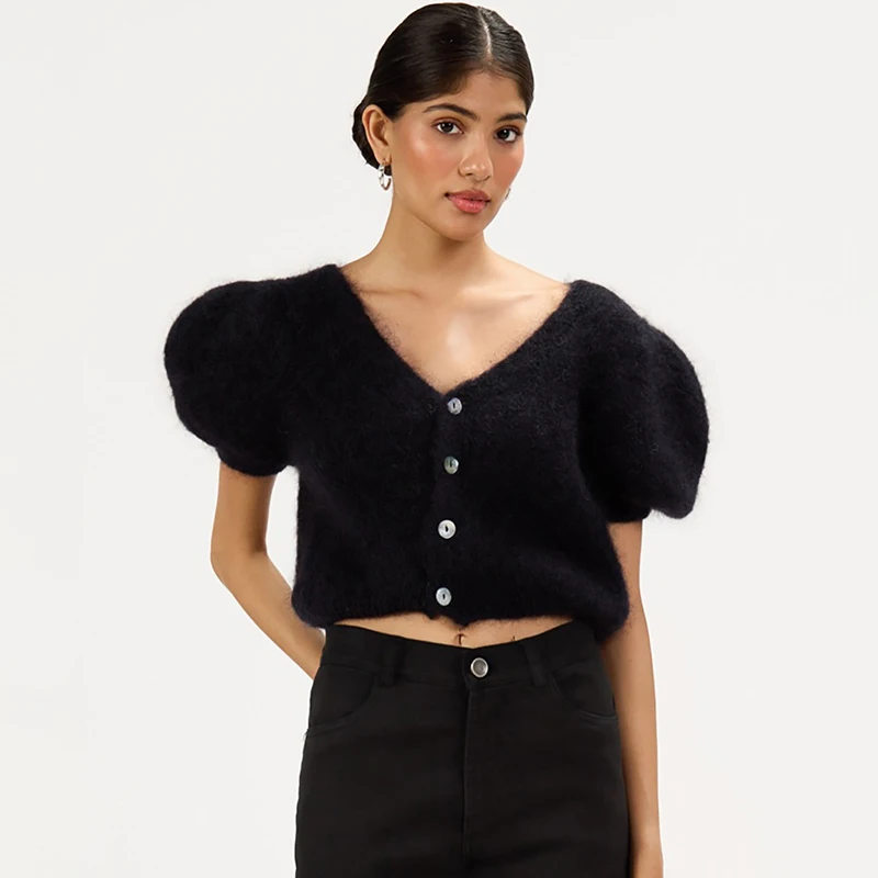 Trendix Women Mohair V Neck Cardigan Short Puff Sleeve Cropped Knit Top Button Fuzzy Soft Knitwear Bolero Shrug Casual Coat Top