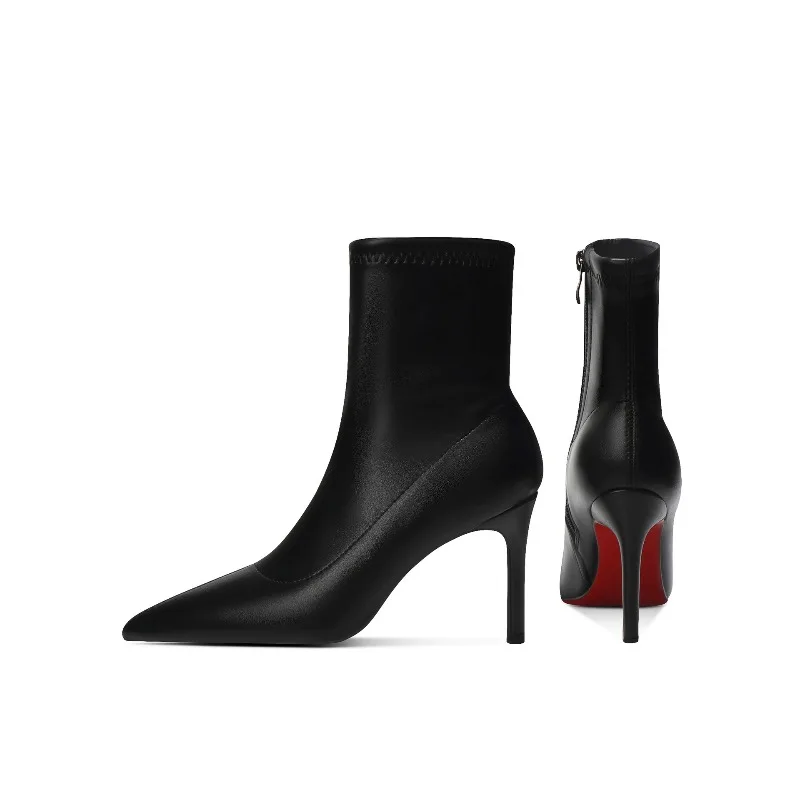 High Quality Fashion Fine-heeled Leather Boots~New High-heeled Short Boots Medium Tube Velvet Elastic Fashion Women's Boots 2026