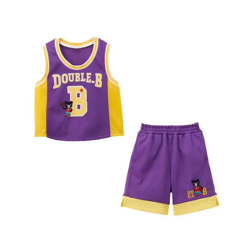 Summer Boys' Clothes Cartoon Black Bear Embroidery Quick-drying Basketball Jersey Vest Shorts Set