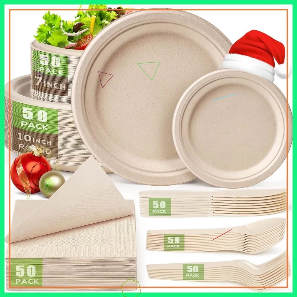 

300-Piece Eco-Friendly Disposable Plates Set, 10-Inch Compostable Utensils and Napkins for Parties, Made from Sugarcane Pulp