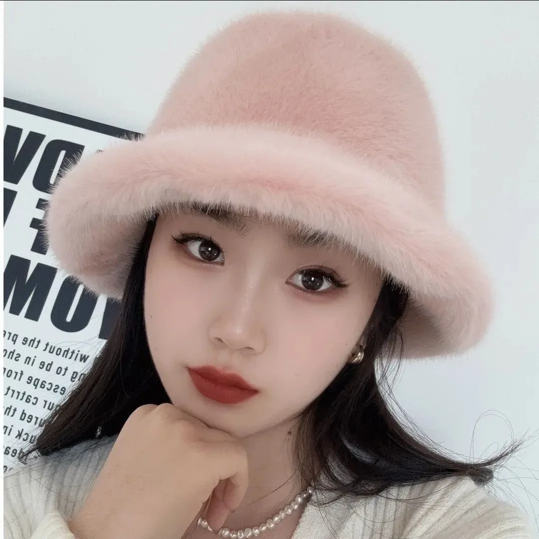 Women Fashion  Mink wool Hat Bucket  Plush Bucket Hat Soft  Warm for Women Autumn Winter  Knitted Fisherman Soft Warm