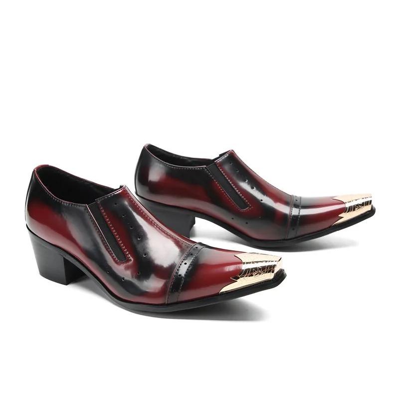 Pointed Toe Chunky Heel Height Increasing Leather Shoes for Men Mixed Color Shallow Slip-On Loafers Male Party Dress Shoes