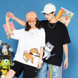 Cartoon Cat Leads Dog Print for Couple Clothes High Quality  Summer Fashion Crewneck Men Women Short Sleeve Tshirt