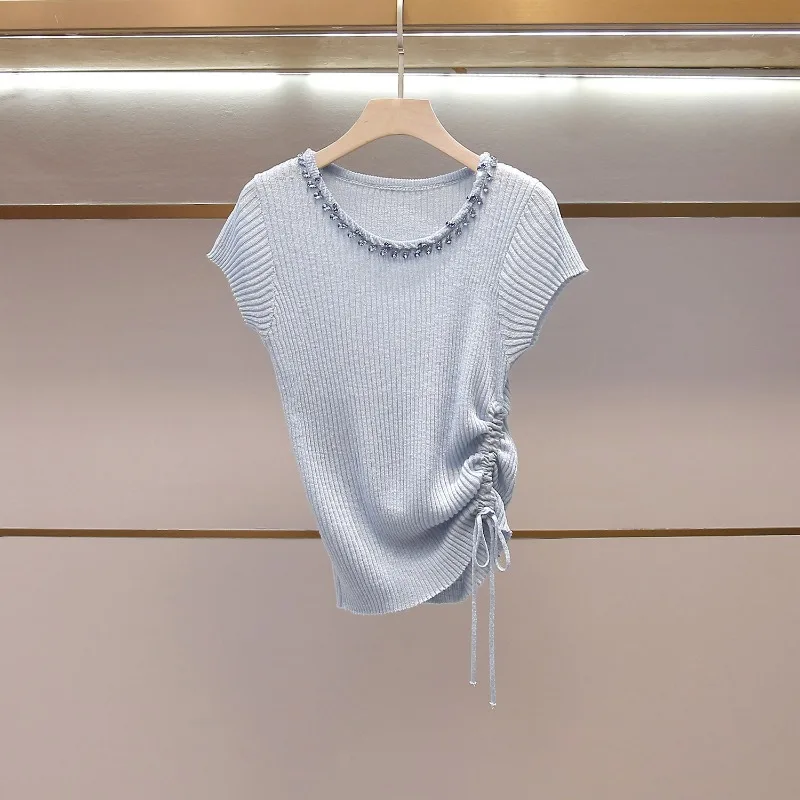High-end Women's Clothing New Versatile Style Round Neck Short-sleeved Threaded Pull-out Thin Diamond-encrusted Knitted Sweater