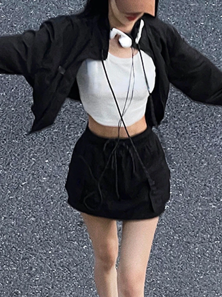 2 Piece Dress Set Women Casual Long Sleeve Y2k Crop Top Black Jacket + Mini Skirts Tracksuits Korean Shorts Coats 2022 Autumn