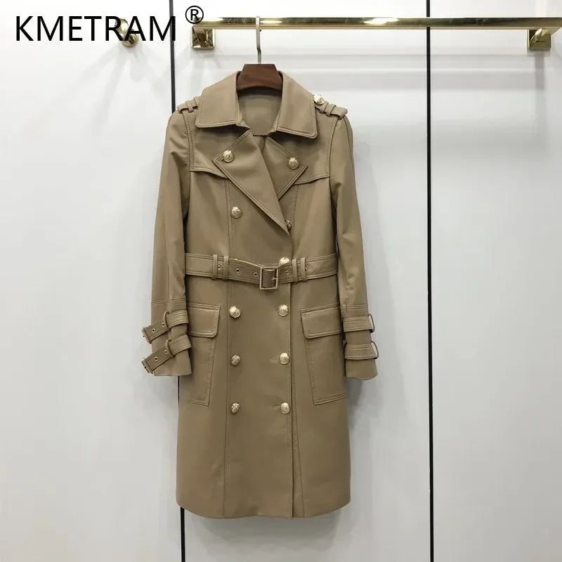 Chaqueta de piel de oveja auténtica para Mujer, Abrigo largo de cuero Real con doble botonadura, a la moda, otoño e invierno, 2024