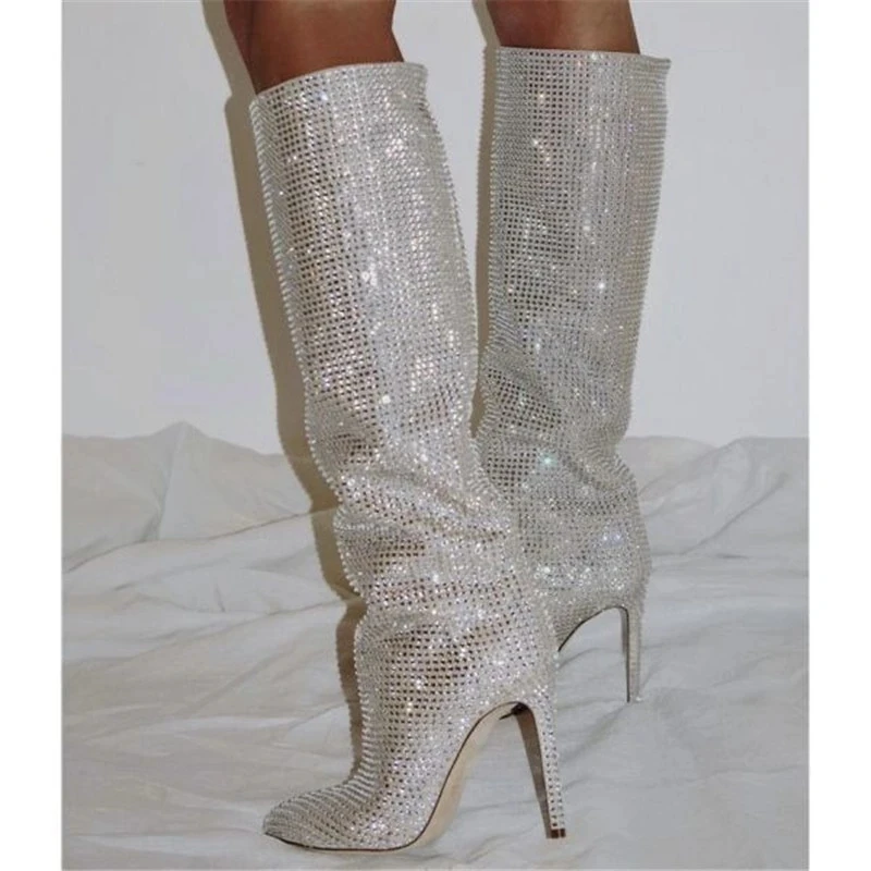 

Fashion Women Rhinestone Knee High Boots for Women's Pointed Toe Stiletto Silvery Long Botas Mujer 2024 Slip-On Wedding Boots