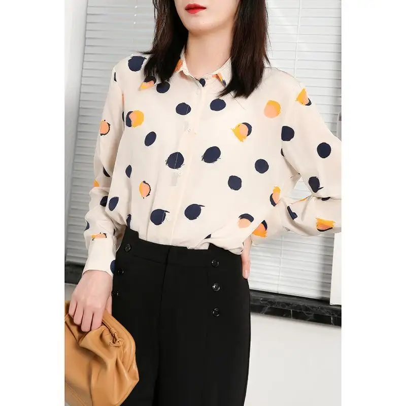 2024 Spring Autumn Women\'s New Spliced Polo Collar Button Printed Fashion Loose Minimalist Casual Long Sleeve Blouses Shirts